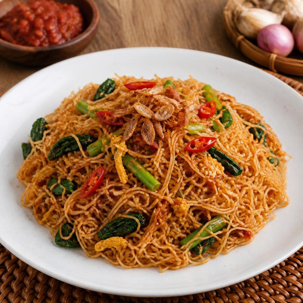 Bihun Goreng Sambal Terasi Es Teler 77 dengan telur orak-arik dan acar